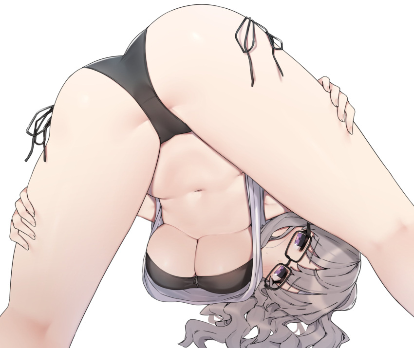 aa211108 ass bikini black-framed_eyewear black_bikini blush breasts cleavage cowboy_shot dot_nose female from_below frontbend grey_hair hands_on_own_thighs highres idolmaster idolmaster_shiny_colors idolmaster_shiny_colors_song_for_prism large_breasts long_hair looking_at_viewer navel official_alternate_costume official_alternate_hairstyle purple_eyes semi-rimless_eyewear side-tie_bikini_bottom side_ponytail simple_background solo swimsuit underboob wavy_hair white_background yukoku_kiriko