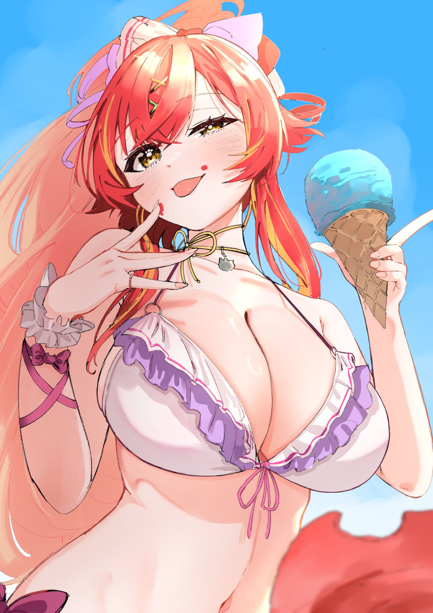 absurdres alternate_breast_size bikini bite_mark blue_sky blush bow breasts cleavage crossed_bangs female food food_on_face frilled_bikini frills front-tie_bikini_top front-tie_top hair_ornament hairbow high_ponytail highres holding holding_food holding_ice_cream huge_breasts ice_cream index_finger_raised long_hair looking_at_viewer multicolored_bow multicolored_hair navel neck_ribbon nekota_tsuna nekota_tsuna_(vspo!_summer_2024) o-ring o-ring_bikini orange_hair pink_bow ponytail purple_bikini purple_bow purple_ribbon red_bow red_hair ribbon scrunchie shippi sidelocks sky solo streaked_hair swimsuit tongue tongue_out very_long_hair vspo! white_bikini white_bow wrist_ribbon wrist_scrunchie x_hair_ornament yellow_eyes yellow_ribbon