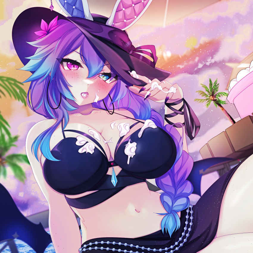 absurdres alfyria animal_ears bikini black_bikini black_hat black_sarong black_wings blue_eyes blue_hair blush breasts collarbone cottontail_(vtuber) earrings female flower food freckles hair_flower hair_ornament hat heterochromia highres hoop_earrings ice_cream indie_virtual_youtuber jewelry large_breasts long_braid long_hair midriff navel open_mouth palm_tree pink_flower purple_eyes purple_hair rabbit_ears sarong second-party_source solo suggestive_fluid swimsuit tree virtual_youtuber water wings