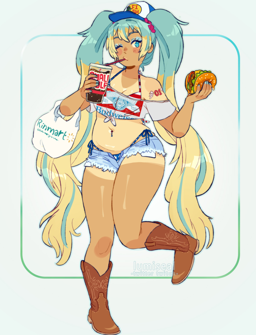 aqua_eyes aqua_hair bag baseball_cap bass_pro_shops blonde_hair boots brand_name_imitation budweiser burger cup denim denim_shorts disposable_cup drinking drinking_straw female food hat hatsune_miku highres holding holding_burger holding_food lumiseal micro_shorts multicolored_hair navel one_eye_closed plump shopping_bag shorts soda solo tan tanlines twintails united_states vocaloid walmart