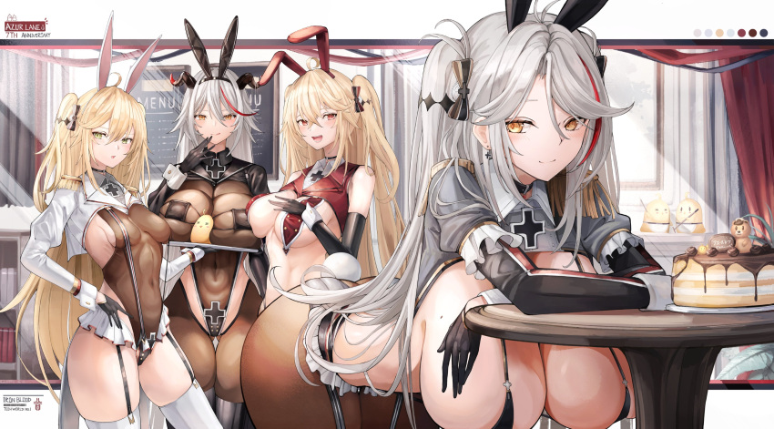 absurdres admiral_hipper_(azur_lane) aegir_(azur_lane) alternate_costume animal_ears ass ass_visible_through_thighs azur_lane bent_over black_bra black_garter_straps black_gloves bluecher_(azur_lane) bra breast_curtains breasts brown_pantyhose cake commentary_request covered_navel cross cross_earrings demon_horns earrings elbow_gloves epaulettes fake_animal_ears fake_tail food garter_straps gloves green_eyes grey_hair hair_between_eyes hair_ribbon hand_on_own_chest hanging_breasts highres holding holding_tray horns huge_breasts indoors iron_blood_(emblem) jewelry large_breasts long_hair long_sleeves looking_at_viewer manjuu_(azur_lane) medium_breasts menu_board mole mole_on_breast multicolored_hair nontraditional_playboy_bunny open_mouth pantyhose prinz_eugen_(azur_lane) rabbit_ears red_eyes red_hair ribbon round_table siblings sisters skindentation sleeveless slit_pupils small_breasts streaked_hair table tail thigh_gap thighhighs tray two-tone_hair underwear very_long_hair white_thighhighs wrist_cuffs yellow_eyes yusha_m