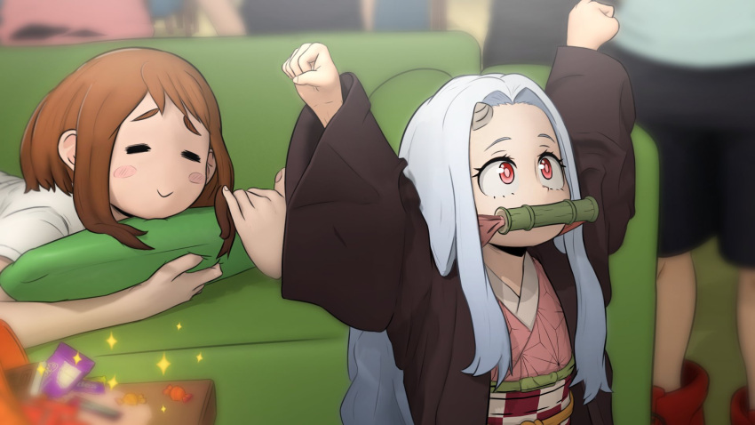 2girls :> =_= arms_up bamboo bit_gag black_shorts blurry blurry_background blurry_foreground blush_stickers boku_no_hero_academia brown_eyes brown_hair candy checkered_sash commentary cosplay couch english_commentary eri_(boku_no_hero_academia) food gag gagged greatm8 halloween hands_up highres holding holding_pillow horns japanese_clothes kamado_nezuko kamado_nezuko_(cosplay) kimetsu_no_yaiba kimono lolicon long_hair looking_at_another looking_up lying medium_hair midoriya_izuku multiple_girls on_stomach photoshop_(medium) pillow pink_kimono red_eyes red_footwear shirt shoes short_hair shorts sidelocks single_horn sneakers source_filmmaker_(medium) sparkle uraraka_ochako white_hair white_shirt