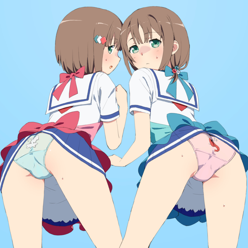 2girls apron ass back-print_panties bent_over blouse blue_apron blue_background blue_bow blue_skirt blush bow brown_hair closed_mouth commentary cowboy_shot crotch_seam from_behind frown green_eyes green_panties hair_bobbles hair_ornament hairbow high_school_fleet highres kinesaki_akane kinesaki_homare looking_at_viewer looking_back miniskirt multiple_girls neckerchief onsen_tamago_(hs_egg) open_mouth panties pink_apron pink_panties pleated_skirt print_panties red_bow sailor_collar school_uniform serafuku shirt short_hair shrimp_print siblings side-by-side simple_background single_horizontal_stripe sisters skirt squid_print standing sweat sweatdrop twins underwear white_sailor_collar white_shirt yokosuka_girls_marine_high_school_uniform