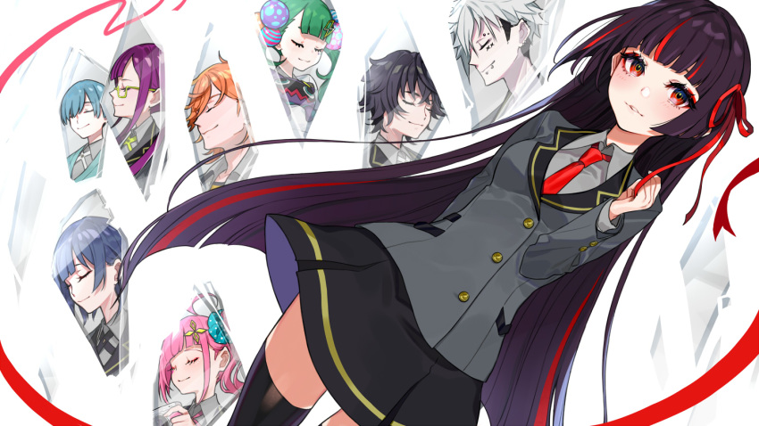 5boys 5girls ahoge black_hair black_legwear black_skirt blue_hair blunt_bangs character_request closed_eyes eyebrow_piercing green_hair grey_shirt hair_ornament hair_ribbon hand_up lip_piercing long_hair multicolored_hair multiple_boys multiple_girls nikaidou_karen official_art orange_hair piercing pink_hair purple_hair red_eyes red_hair red_ribbon ribbon school_uniform shirt sidelocks skirt standing thighhighs tokyo_chronos two-tone_hair very_long_hair yuu_(higashi_no_penguin)