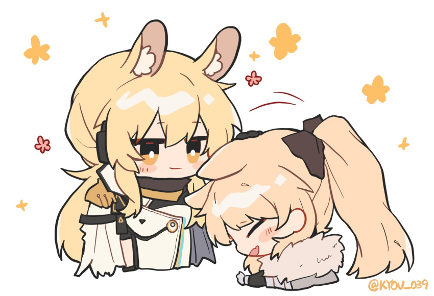 2girls animal_ear_fluff animal_ears arknights armor blemishine_(arknights) blonde_hair commentary fur-trimmed_armor fur_trim headgear headpat headphones headset highres horse_ears horse_girl horse_tail implied_extra_ears kyou_039 long_hair multiple_girls nearl_(arknights) nearl_the_radiant_knight_(arknights) official_alternate_costume plate_armor ponytail tail