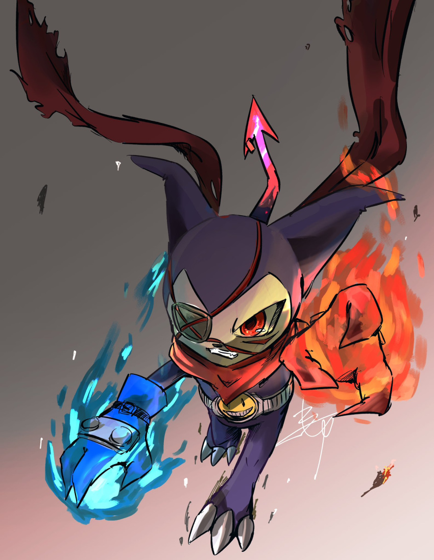 anthro bandai_namco blue_fire claws clothing colored_fire demon digimon digimon_(species) eye_patch eyewear fire fireball gloves handwear hi_res imp impmon impmon_x lindo_masyu_art male purple_body red_eyes scarf solo spade_tail tail