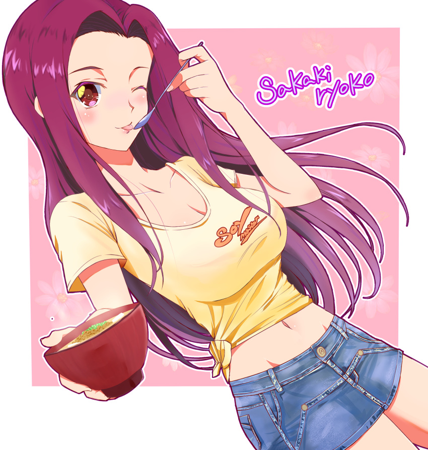 absurdres bowl breasts cleavage denim denim_skirt female highres large_breasts long_hair midriff miso_soup navel one_eye_closed purple_hair red_eyes ryou.r sakaki_ryouko shirt shokugeki_no_souma short_sleeves skirt solo spoon tied_shirt