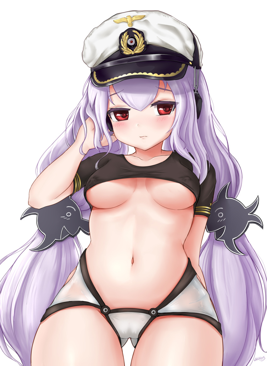 absurdres blush breasts collarbone commentary_request female hair_between_eyes hat headphones headphones_over_headwear highres long_hair looking_away medium_breasts military_hat navel purple_hair red_eyes simple_background solo u96_(warship_girls_r) underboob warship_girls_r white_background william.b