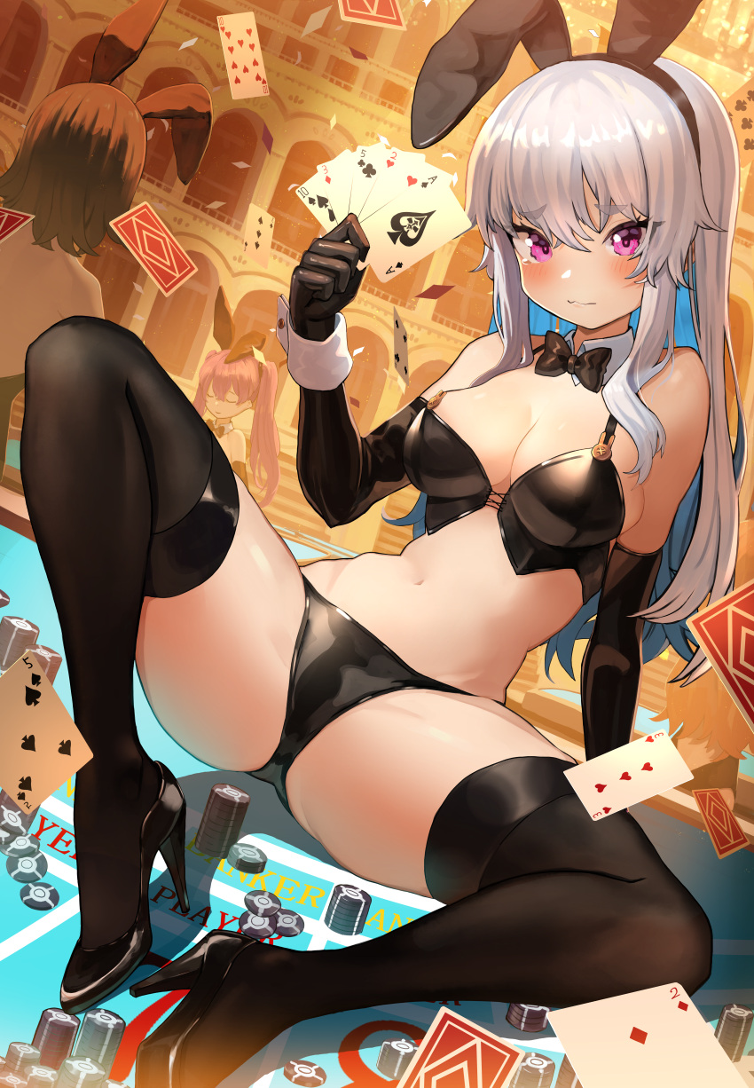 3girls absurdres ace_(playing_card) ace_of_spades animal_ears arm_support ass bare_shoulders black_footwear black_gloves black_legwear black_panties bow bowtie bra breasts card cleavage closed_mouth colored_inner_hair crop_top detached_collar dutch_angle elbow_gloves fake_animal_ears five_of_clubs five_of_spades four_of_clubs frown gloves greentanuki hairband high_heels highres holding knee_up large_breasts latex latex_gloves long_hair looking_at_viewer midriff multicolored_hair multiple_girls navel no_bra original panties pink_eyes playing_card poker_chip poker_table rabbit_ears revealing_clothes satin satin_bra satin_panties shiny_clothes sitting skindentation sleeveless solo_focus spade_(shape) spaghetti_strap spread_legs stomach table tearing_up ten_of_hearts ten_of_spades thighhighs thighs three_of_diamonds three_of_hearts three_of_spades two_of_diamonds two_of_hearts underwear wavy_mouth white_hair wrist_cuffs