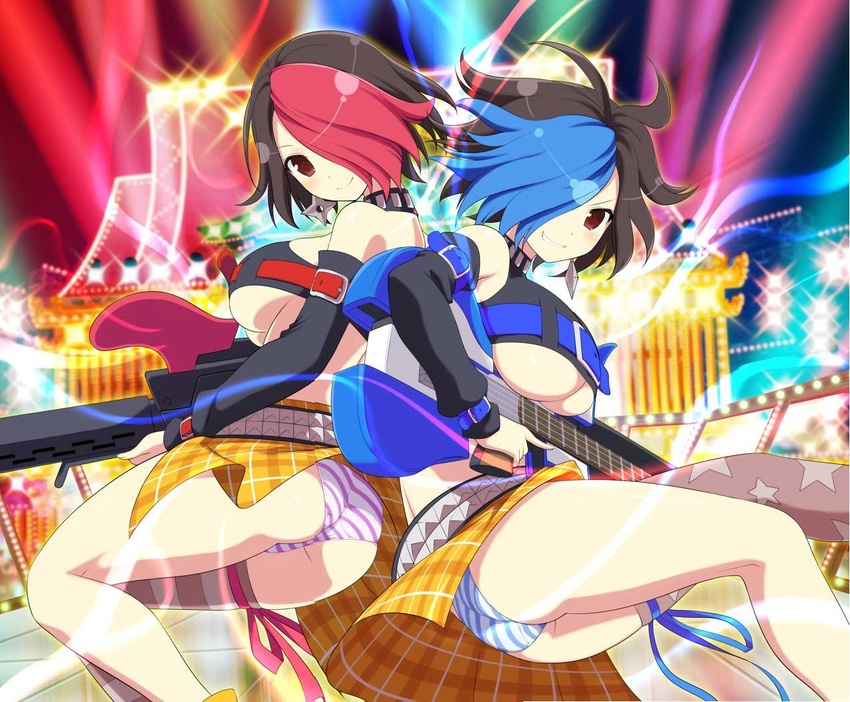 2girls arm_belt ass assault_rifle back-to-back bare_shoulders belt belt_buckle black_hair blue_belt blue_hair blue_panties blue_ribbon blush breasts brown_thighhighs buckle detached_sleeves earrings electric_guitar grey_thighhighs grin guitar gun hair_over_one_eye holding holding_gun holding_weapon instrument jewelry kunai kunai_earrings large_breasts leg_ribbon looking_at_viewer median_furrow multicolored_hair multiple_girls official_art panties pleated_skirt red_belt red_eyes red_hair red_panties red_ribbon revealing_clothes ribbon rifle sakyou_(senran_kagura) senran_kagura senran_kagura_new_wave short_hair shotgun shuriken shuriken_earrings siblings single_earring single_thighhigh sisters skirt smile stage stage_lights star_(symbol) star_print striped_clothes striped_panties striped_thighhighs studded_belt submachine_gun teeth thigh_ribbon thighhighs third-party_source tile_floor tiles torn_clothes torn_skirt trigger_discipline twins two-tone_hair ukyou_(senran_kagura) underboob underwear weapon wrist_belt yaegashi_nan yellow_skirt