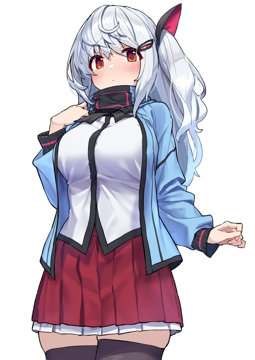 absurdres alps_(alps_to_kiken_na_mori) alps_to_kiken_na_mori baffu black_thighhighs blue_hair blue_jacket blush breasts closed_mouth commentary_request cowboy_shot female frilled_skirt frills frown gradient_hair hair_between_eyes hair_ornament hair_ribbon hairclip hand_on_own_shoulder highres jacket large_breasts long_hair long_sleeves looking_at_viewer multicolored_hair open_clothes open_jacket orange_eyes pleated_skirt red_skirt ribbon shirt side_ponytail sidelocks simple_background skindentation skirt solo standing streaked_hair thighhighs two-tone_hair white_background white_hair white_shirt zettai_ryouiki