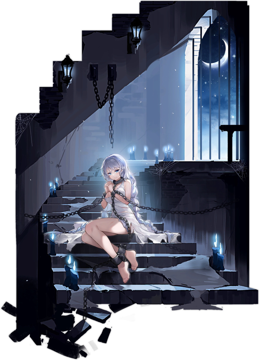 areola_slip avrora_(azur_lane) avrora_(shackled_saule)_(azur_lane) azur_lane bare_shoulders barefoot blue_eyes blush bondage bondage bound braid breasts bruise candle chains collar cuffs dress dungeon feet female full_body grey_hair hair_ornament highres injury kaede_(yumesaki_kaede) large_breasts logo long_hair looking_at_viewer official_alternate_costume official_art own_hands_together shackles silk sitting solo spider_web stairs torn_clothes torn_dress transparent_background twin_braids very_long_hair white_dress