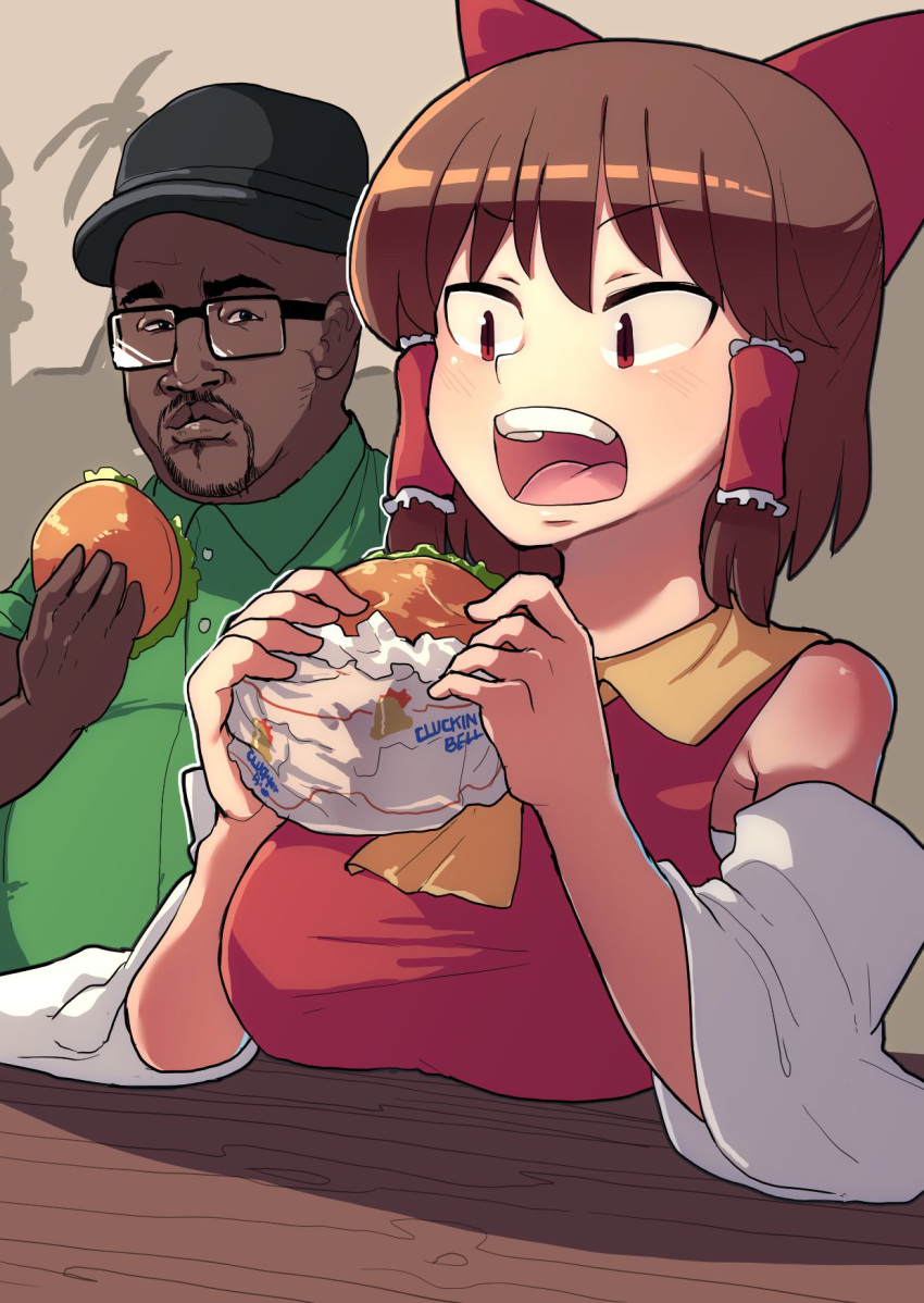 1boy armpit_crease bare_shoulders big_smoke black-framed_eyewear black_hair black_headwear blush bow breast_rest breasts breasts_on_table brown_hair burger collared_shirt commentary_request cookie_(touhou) dark-skinned_male dark_skin detached_sleeves eating facial_hair fast_food fat fat_man female food food_wrapper fuka_(kantoku) grand_theft_auto grand_theft_auto:_san_andreas green_shirt hair_tubes hairbow hakurei_reimu hat highres holding holding_food large_breasts looking_at_another medium_hair nontraditional_miko open_mouth rectangular_eyewear red_bow red_eyes red_shirt reu_(cookie) shirt short_sleeves sidelocks sleeveless sleeveless_shirt teeth tongue touhou very_dark_skin