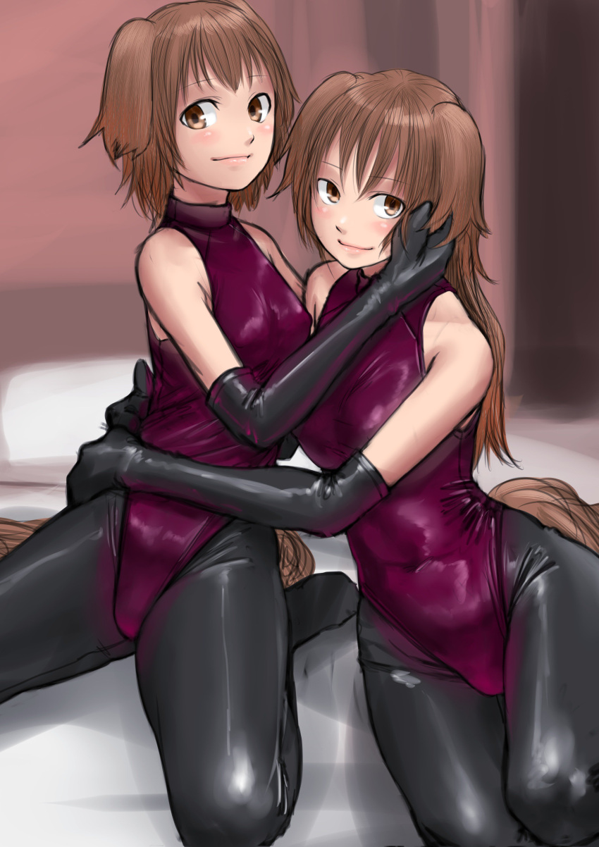 2girls absurdres aged_up animal_ears blush breasts brown_hair closed_mouth commission dog_ears dog_girl dog_tail elbow_gloves gloves highleg highleg_leotard highres kilye_kairi kobold_(monster_girl_encyclopedia) large_breasts latex latex_gloves latex_leotard latex_pants leotard long_hair looking_at_viewer medium_breasts medium_hair monster_girl_encyclopedia mother_and_daughter multiple_girls opal_(kdf) ophelia_(kdf) purple_leotard seductive_smile smile tail