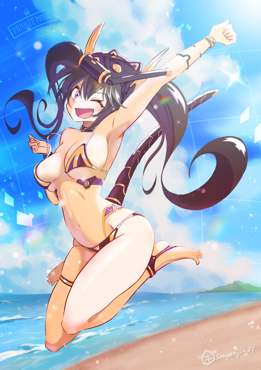 absurdres adapted_costume arm_up armpits beach bikini black_hair breasts cleavage day duel_monster female full_body highres i:p_masquerena large_breasts looking_at_viewer mechanical_tail midriff navel ocean one_eye_closed outdoors paid_reward_available purple_bikini purple_eyes sengenjin31 snorkel solo swimsuit tail twintails yu-gi-oh!