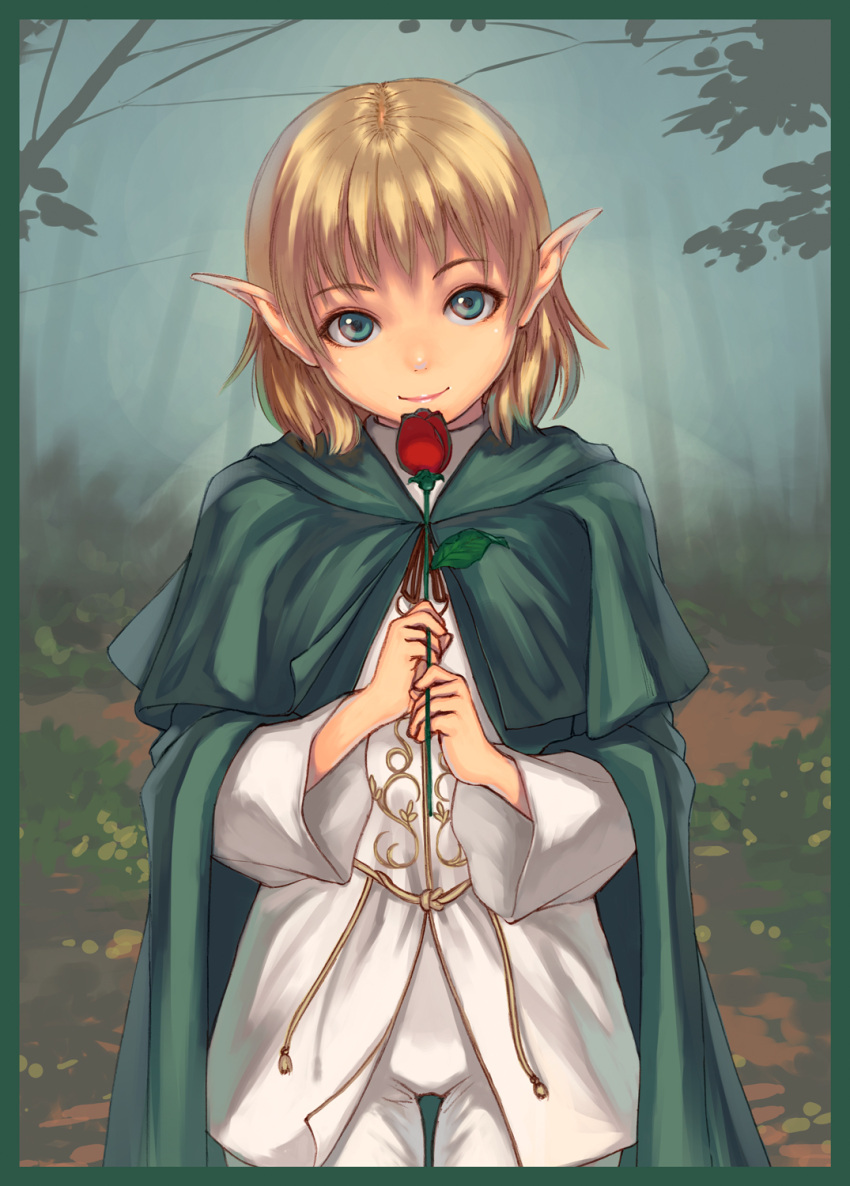 blonde_hair cape female flower green_eyes highres light_smile original pointy_ears red_flower red_rose rose smile solo yukihiro