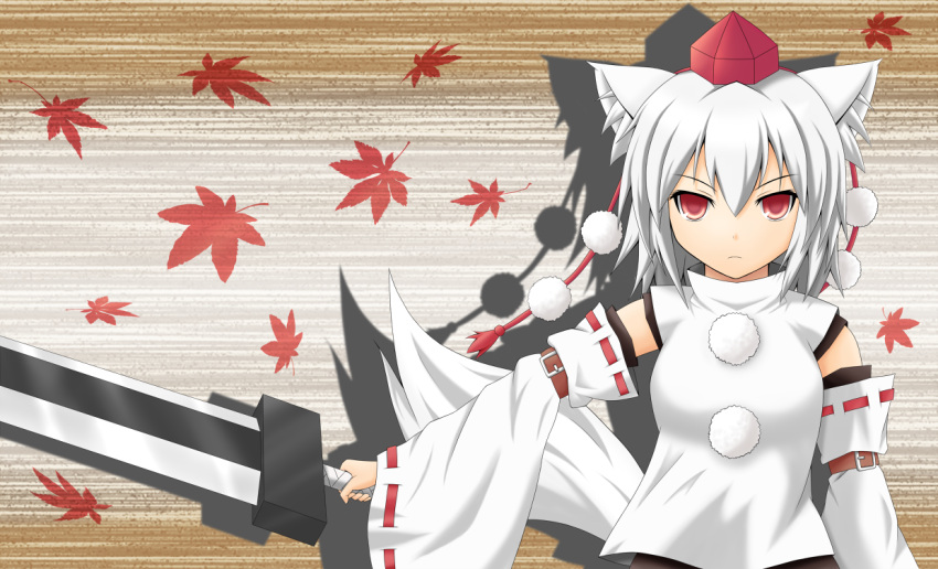 animal_ears baia colorized commentary_request detached_sleeves female grey_hair hat inubashiri_momiji leaf looking_at_viewer red_eyes solo sword tail tokin_hat touhou weapon wolf_ears wolf_tail