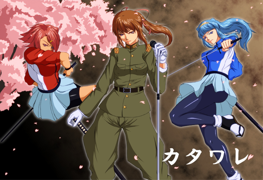 3girls aoi_yuu_(komeda_yuu) bike_shorts blue_eyes blue_hair brown_hair character_request cherry_blossoms commentary_request epaulettes hair_ornament hair_ribbon hairband hairclip hina_(yatagarasu) jacket katana long_hair loose_socks microphone microphone_stand military military_uniform multiple_girls pantyhose petals pink_eyes pink_hair ponytail ribbon scabbard sheath shimo_(yatagarasu) shorts shorts_under_skirt siblings sisters skirt socks sword tabi track_jacket uniform weapon yatagarasu_(game)