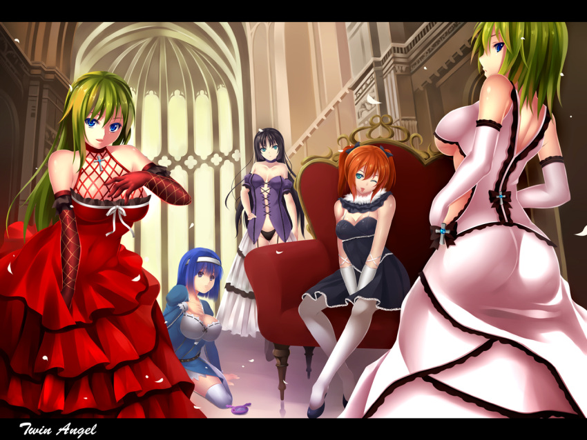 5girls ;p bad_id bad_nicoseiga_id bare_shoulders black_hair black_panties blue_eyes blue_hair breasts cross dress elbow_gloves from_behind gloves green_hair hairband hazuki_kurumi iroha_(unyun) kaitou_tenshi_twin_angel kannazuki_aoi letterboxed long_hair medium_breasts minazuki_haruka_(twin_angel) multiple_girls nine_violet one_eye_closed orange_hair panties photoshop_(medium) short_hair siblings sisters sitting tesla_violet thighhighs tongue tongue_out twin_angel twins underwear v_arms white_legwear