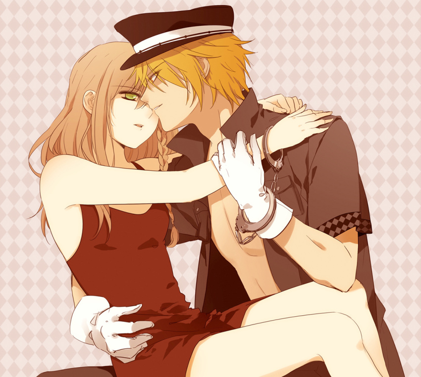 1boy amnesia_(idea_factory) argyle_background bad_id bad_pixiv_id bare_legs blonde_hair braid brown_hair cuffs eye_contact female green_eyes handcuffs hat heroine_(amnesia) jacket looking_at_another photoshop_(medium) pink_background short_hair skirt smile toma_(amnesia) yasai_(getsu) yellow_eyes