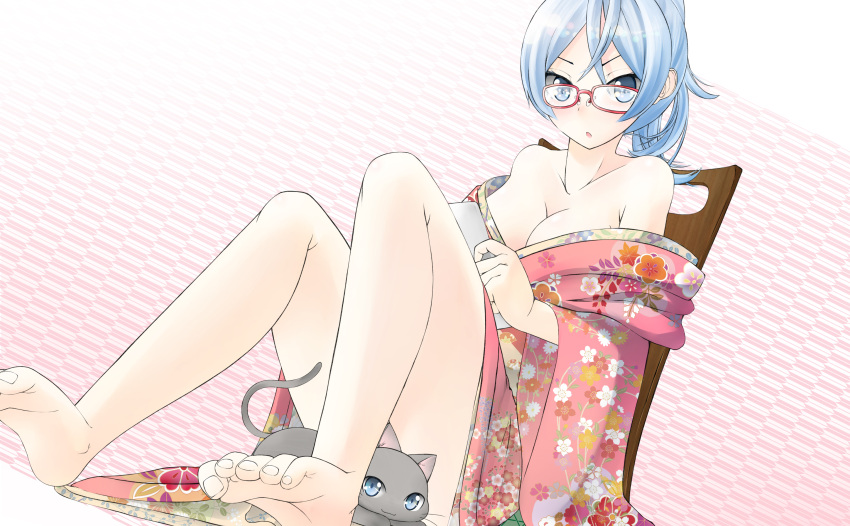 :o bad_id bad_pixiv_id barefoot blue_eyes blue_hair breasts cleavage collarbone feet feline female floral_print glasses highres japanese_clothes kimono legs looking_at_viewer medium_breasts nekobaka off_shoulder original photoshop_(medium) pink_kimono red-framed_eyewear sitting solo yagasuri