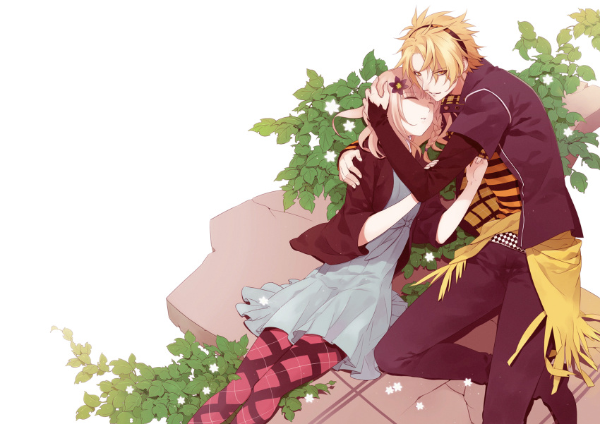 1boy amnesia_(idea_factory) argyle_clothes argyle_legwear bad_id bad_pixiv_id blonde_hair blue_skirt braid closed_eyes clothes_around_waist coat couple female flower hair_flower hair_ornament hairband heroine_(amnesia) highres hug jacket leaf multicolored_pantyhose pants pantyhose photoshop_(medium) pink_hair plaid plaid_legwear shirt shirt_around_waist short_hair skirt sleeping straight toma_(amnesia) yasai_(getsu) yellow_eyes