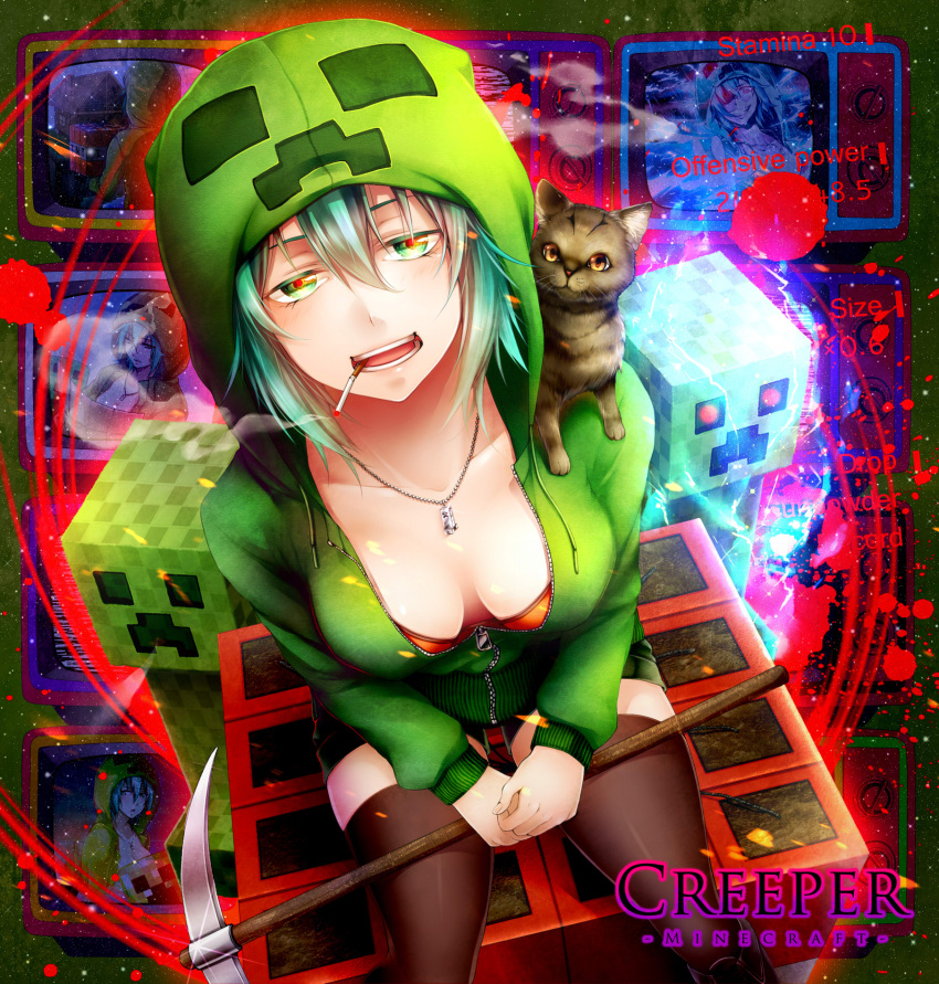 :d bad_id bad_pixiv_id bra breasts character_name charged_creeper cigarette cleavage copyright_name creeparka creeper downblouse english_text explosive feline female green_eyes green_hair highres jewelry kiriya_(ahoka030) lingerie looking_at_viewer medium_breasts minecraft necklace open_mouth personification pickaxe red_bra shiny_skin short_hair smile smoking solo thighhighs tnt tnt_block_(minecraft) underwear zettai_ryouiki