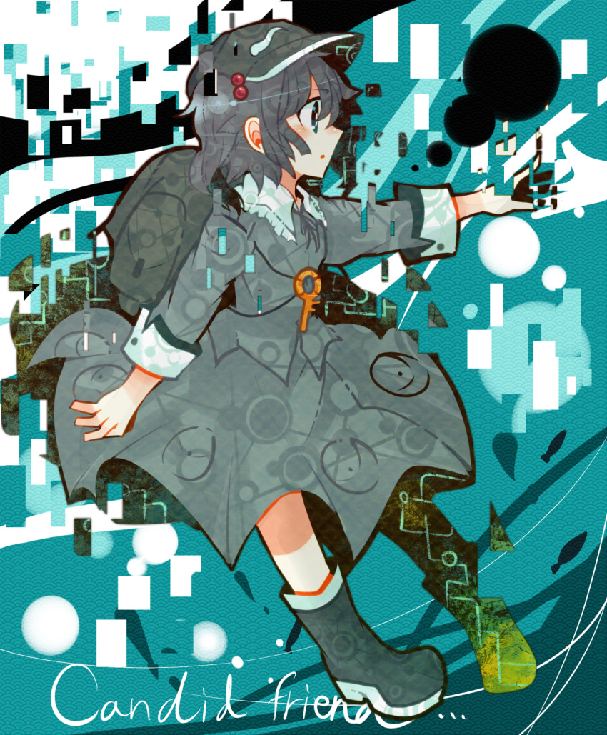 backpack bad_id bad_pixiv_id bag blue_eyes blue_hair boots dissolving female hair_bobbles hair_ornament hat highres itomugi-kun kawashiro_nitori key open_mouth outstretched_hand shirt skirt skirt_set solo touhou two_side_up