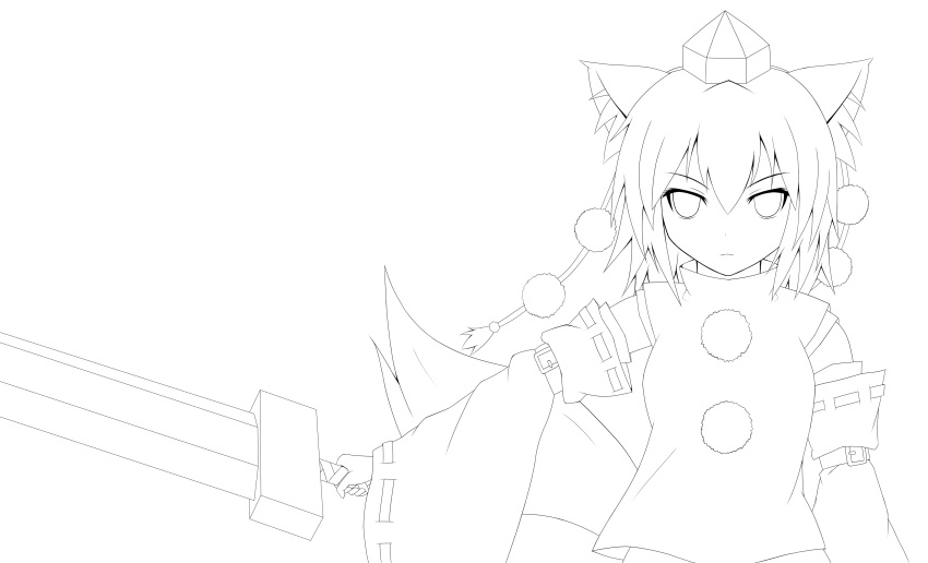 absurdres animal_ears baia commentary_request detached_sleeves female greyscale hat highres inubashiri_momiji line_art looking_at_viewer monochrome solo sword tail tokin_hat touhou transparent_background weapon wolf_ears wolf_tail