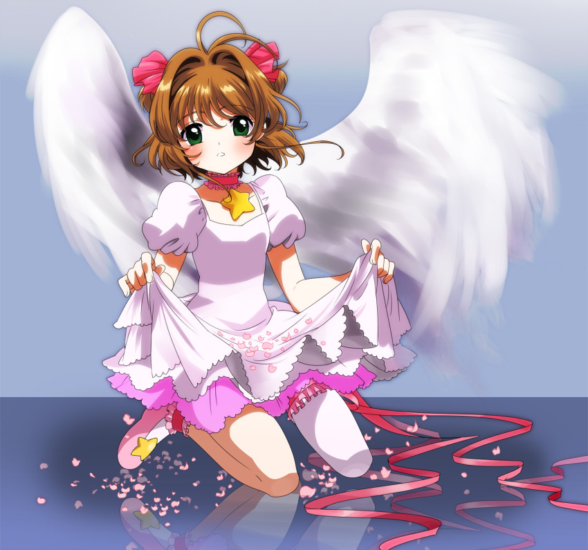 ageha brown_hair cardcaptor_sakura cherry_blossoms choker clothes_lift commentary_request dress dress_lift female full_body green_eyes highres kinomoto_sakura kinomoto_sakura_(platinum_star_dress) magical_girl petals photoshop_(medium) pink_choker short_hair single_thighhigh star_(symbol) star_choker thighhighs twintails wings