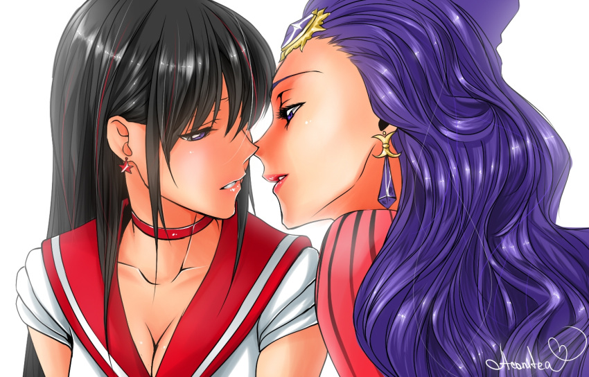 2girls abbystea bad_id bad_pixiv_id bishoujo_senshi_sailor_moon bishoujo_senshi_sailor_moon_r black_hair black_moon_clan breasts choker cleavage crystal_earrings earrings eye_contact forehead_jewel gem hair_behind_ear half-closed_eyes hino_rei imminent_kiss jewelry koan_(sailor_moon) lipstick long_hair looking_at_another magical_girl makeup medium_breasts multicolored_hair multiple_girls parted_lips pinstripe_pattern profile purple_eyes purple_hair red_sailor_collar sailor_collar sailor_mars sailor_senshi_uniform school_uniform serafuku short_sleeves signature streaked_hair striped upper_body wavy_hair white_background yuri