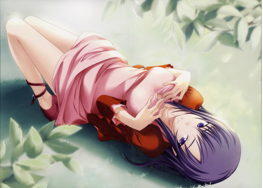 absurdres blue_eyes breasts dress highres hizuki_shino kawagishi_keitarou lying outdoors purple_hair shin_ringetsu smile thighs