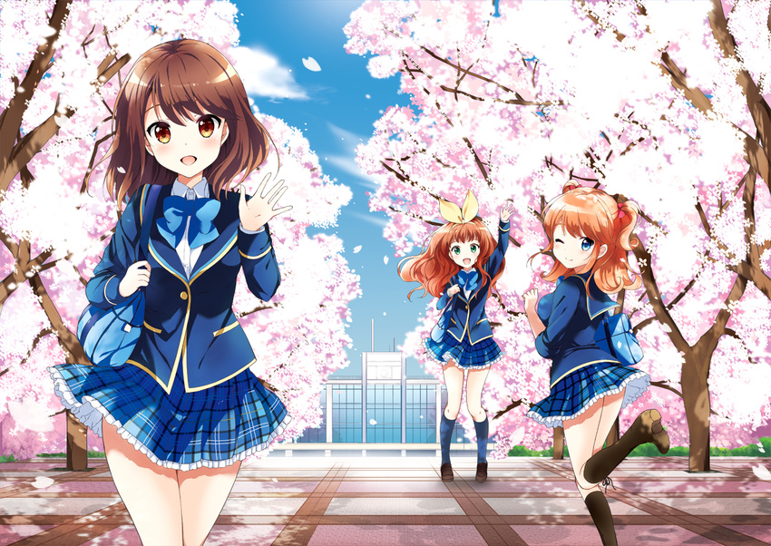 blue_eyes bow brown_eyes brown_hair building cherry_blossoms girlfriend_(kari) green_eyes headband kneehighs kurimomo orange_hair petals red_hair saeki_marika sagara_emi scenic seifuku shiina_kokomi skirt spring tree twintails wink