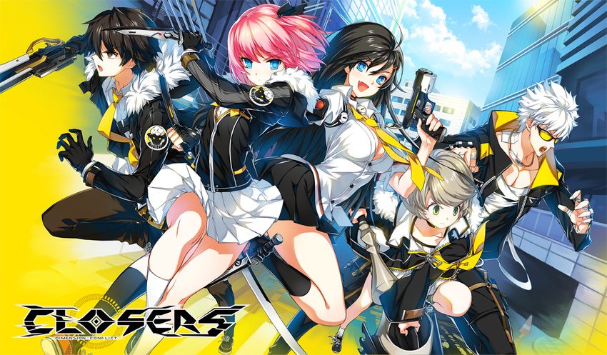 2girls 3boys :d black_eyes black_gloves black_hair black_legwear blue_eyes breasts brown_hair building chkuyomi closers cloud copyright_name fur-trimmed_jacket fur_trim gloves green_eyes gun hairband handgun j_(closers) jacket large_breasts long_hair looking_at_viewer miniskirt mistilteinn_(closers) multiple_boys multiple_girls necktie oerba_yun_fang open_mouth pink_hair reverse_grip seha_lee seulbi_lee skirt sky smile socks sunglasses sword very_long_hair weapon white_hair white_legwear white_skirt yuri_seo