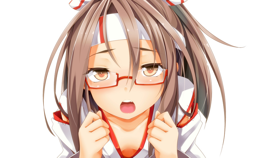 breasts brown_hair cleavage close glasses headband ichiju japanese_clothes kantai_collection miko white zuihou_(kancolle)