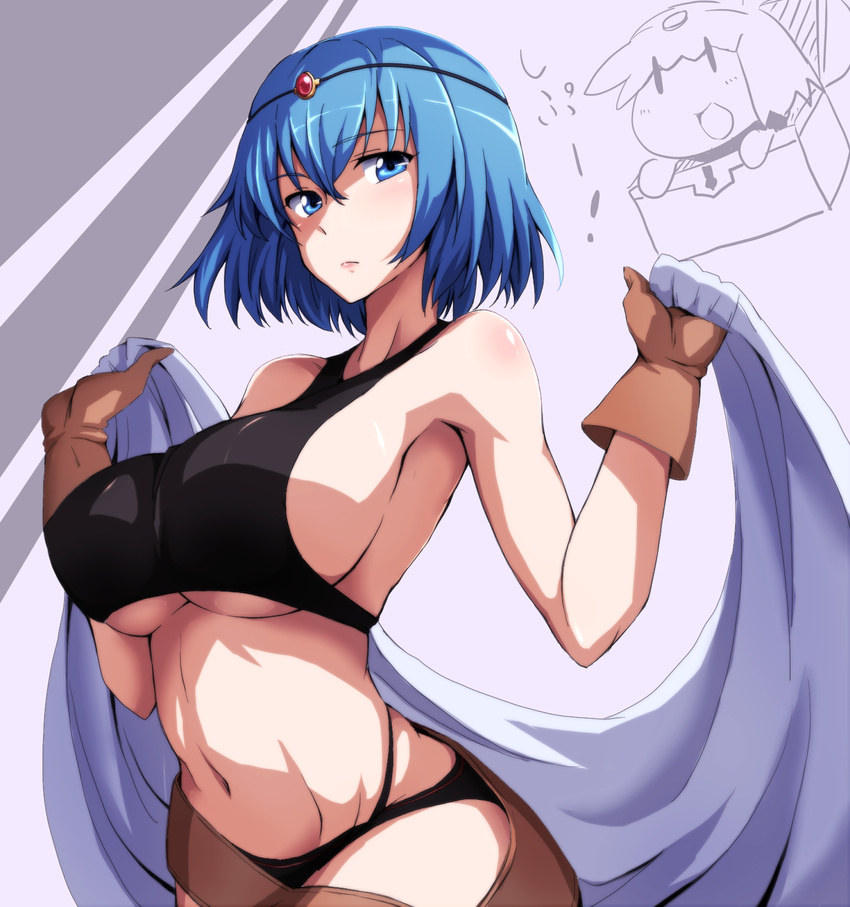 armpits bare_shoulders bikini black_bikini blue_eyes blue_hair blush breasts brown_gloves circlet closed_mouth commentary_request cowboy_shot cypria_(sennen_sensou_aigis) female frown gloves groin hair_between_eyes highres large_breasts looking_at_viewer navel runaru sennen_sensou_aigis short_hair sideboob solo sports_bikini stomach swimsuit undressing