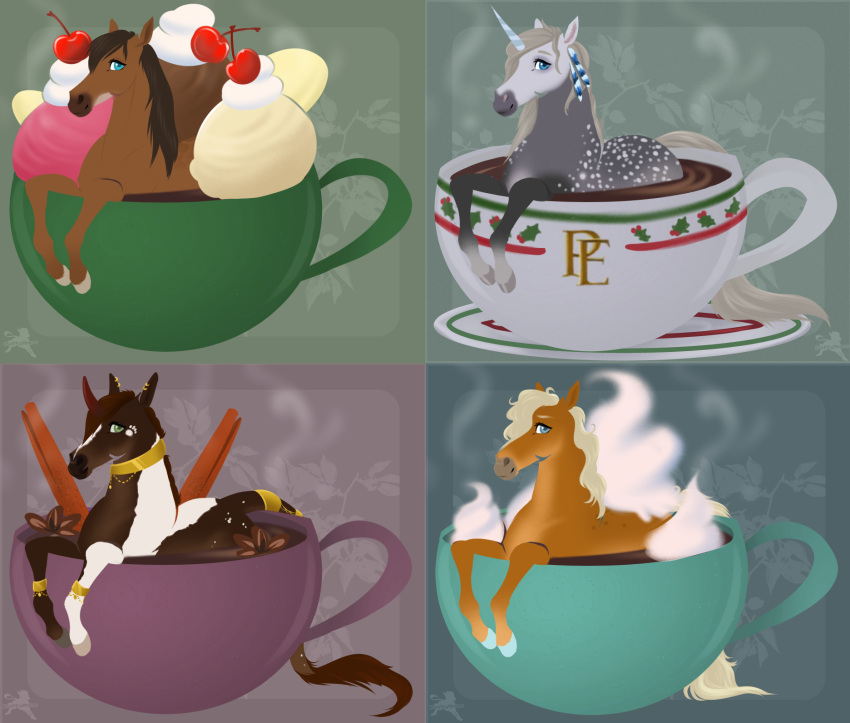 2022 2023 adnan_(gayletrotter) ambiguous_gender blonde_hair blonde_mane blue_eyes brown_body brown_hair brown_mane cherry cinnamon_(spice) collar container cuffs_(clothing) cup dappled_fur dessert digital_media_(artwork) dolero equid equine eyebrows facial_markings feathers feral fluffymare food fruit gayle_(gayletrotter) green_eyes grey_hair grey_mane grey_tail hair head_markings hi_res hooves horn horse ice_cream jasmine_(allenh13) jewelry looking_at_viewer mammal mane markings multicolored_body multiple_images mythological_creature mythological_equine mythology plant simple_background solo tail two_tone_body unicorn yellow_tail