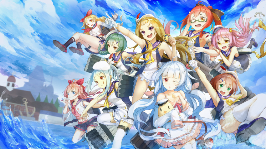 "the_little_beavers"_destroyer_squadron_23_(emblem) 6+girls :q ahoge anchor arm_up armpits ass aulick_(azur_lane) azur_lane badge belt bird black_pantyhose black_socks blonde_hair blue_eyes blue_hair blue_sailor_collar bow braid brown_eyes brown_hair candy cannon charles_ausburne_(azur_lane) chestnut_mouth chick commentary_request crying crying_with_eyes_open detached_sleeves dress eating fletcher_(azur_lane) food foote_(azur_lane) glasses gloves green-framed_eyewear green_eyes green_hair hair_ornament hairbow hairclip harbor hat highres index_finger_raised jenkins_(azur_lane) koroneko_p0w0q lifebuoy lollipop long_hair long_sleeves looking_at_viewer manjuu_(azur_lane) midriff military_hat multiple_girls navel neckerchief nicholas_(azur_lane) oerba_yun_fang off_shoulder one_eye_closed open_mouth panties pantyhose pantyshot pink_belt pink_hair pink_panties pleated_skirt pointing ponytail puffy_shorts purple_eyes radford_(azur_lane) red_eyes red_hair revision rudder_footwear sailor_collar school_uniform semi-rimless_eyewear serafuku shirt short_hair short_sleeves shorts single_braid skin_fang skirt sleeveless sleeveless_dress sleeveless_shirt sleeves_past_wrists socks spence_(azur_lane) standing standing_on_liquid standing_on_one_leg star_(symbol) stuffed_animal stuffed_toy swim_ring tears thatcher_(azur_lane) thigh_strap thighhighs tongue tongue_out torpedo torpedo_launcher torpedo_tubes two_side_up underwear wavy_mouth white_gloves white_panties white_socks white_thighhighs yellow_eyes yellow_neckerchief