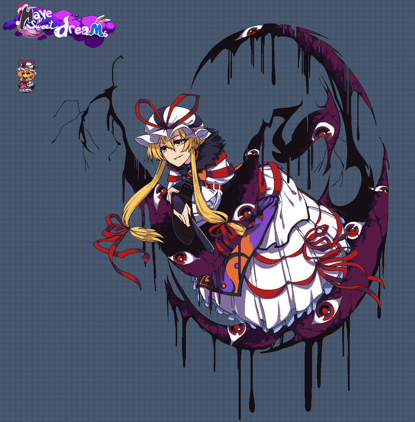 adapted_costume belt blonde_hair chibi collaboration commentary_request crack dress elbow_gloves female full_body fur_trim game_cg gap_(touhou) gloves hat hat_ribbon highres leaking leaning_forward long_sleeves mob_cap namako_daibakuhatsu parted_lips pixel_art red_ribbon ribbon short_hair_with_long_locks shukusuri sleeve_garter smile smug touhou white_dress wide_sleeves yakumo_yukari yellow_eyes