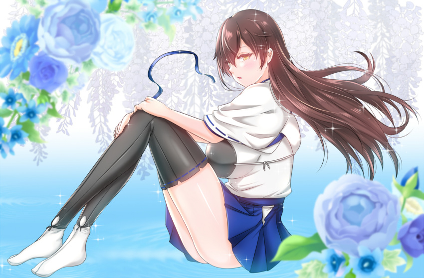 black_thighhighs blue_hakama blue_ribbon blue_skirt brown_hair commentary_request female flower hair_between_eyes hakama hakama_short_skirt hakama_skirt japanese_clothes kaga_(kancolle) kantai_collection kashiru leaf long_hair looking_to_the_side muneate open_mouth ribbon short_sleeves sitting skirt solo tasuki thighhighs thighs water white_thighhighs wide_sleeves yellow_eyes