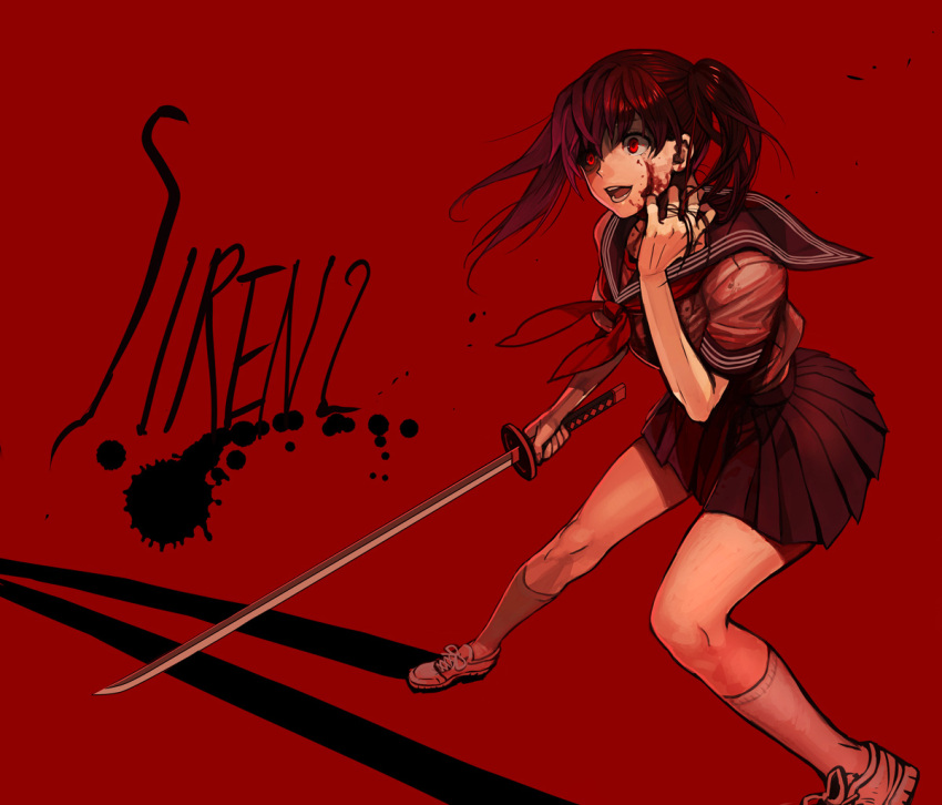 agasang blood blood_on_face brown_hair commentary_request copyright_name crazy crazy_eyes female holding holding_sword holding_weapon katana kneehighs neckerchief open_mouth photoshop_(medium) pleated_skirt red_background red_eyes school_uniform serafuku shoes short_sleeves siren_(series) siren_2 skirt sneakers socks solo standing sword twintails weapon white_socks yagura_ichiko