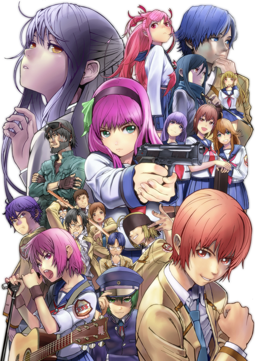 6+boys 6+girls angel_beats! char_(angel_beats!) commentary_request everyone fujimaki_(angel_beats!) guitar gun hat highres hinata_hideki hisako_(angel_beats!) instrument iwasawa_masami manbou_(manvow) matsushita_(angel_beats!) microphone microphone_stand multiple_boys multiple_girls nakamura_yuri naoi_ayato noda_(angel_beats!) ooyama_(angel_beats!) otonashi_yuzuru school_uniform serafuku shiina_(angel_beats!) shinda_sekai_sensen_uniform sleeves_rolled_up tachibana_kanade takamatsu_(angel_beats!) takeyama_(angel_beats!) tk_(angel_beats!) transparent_background weapon yui_(angel_beats!)