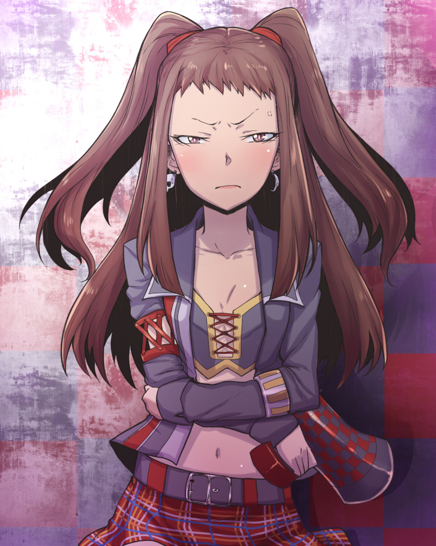 anger_vein angry bakuya belt breasts brown_eyes brown_hair cleavage commentary_request crossed_arms earrings female flat_chest frown highres idolmaster idolmaster_cinderella_girls jacket jewelry koseki_reina long_hair looking_at_viewer megaphone midriff navel raised_eyebrow skirt small_breasts solo two_side_up