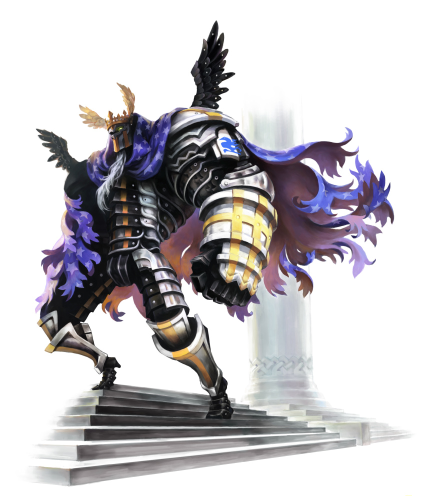 1boy absurdres armor beard cape facial_hair faulds full_armor gauntlets greaves head_wings helmet highres kamitani_george male_focus odin_(odin_sphere) odin_sphere photoshop_(medium) solo stairs wings