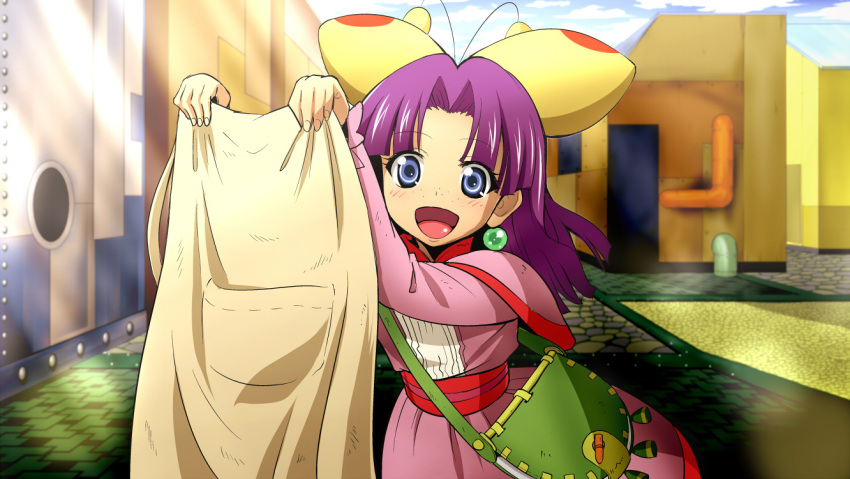 :d anime_coloring bad_id bad_pixiv_id bag blue_eyes cloth commentary_request earrings female freckles grandia grandia_i jewelry kayama_kenji lolicon looking_at_viewer open_mouth purple_hair puui_(grandia) smile solo sue_(grandia)