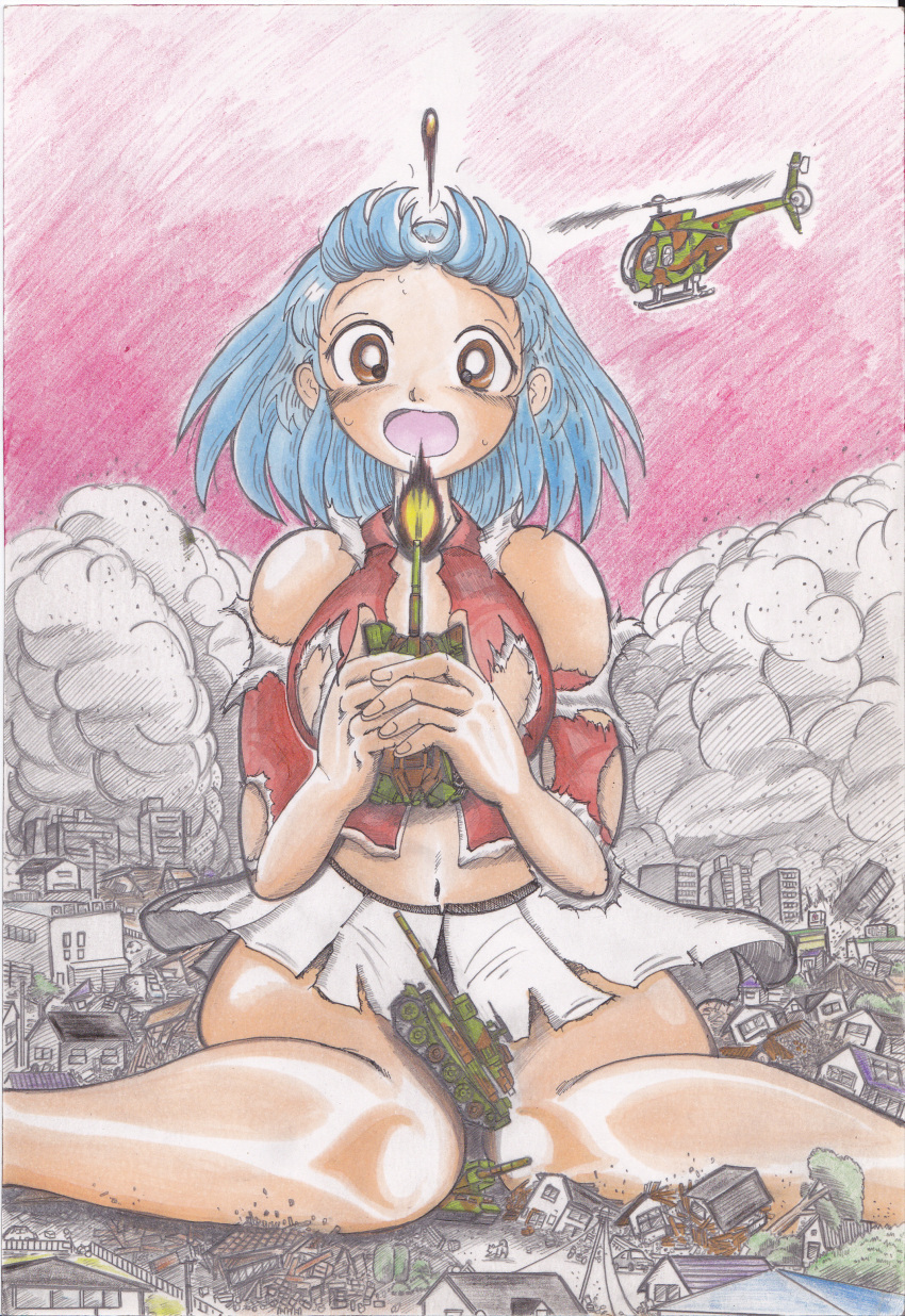 absurdres blue_hair brown_eyes bunker_k canine city crush destruction giantess helicopter highres house military_vehicle open_mouth sitting surprised tank tree