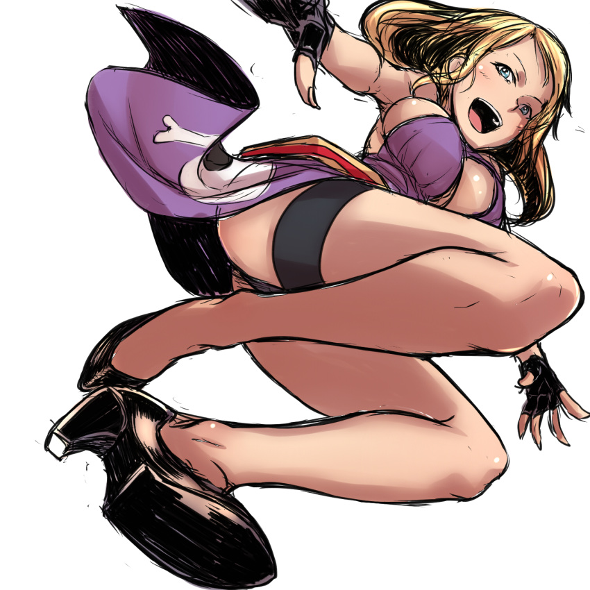 bakuya blonde_hair commentary_request fatal_fury female fingerless_gloves garou:_mark_of_the_wolves gloves high_heels highres jenet_behrn legs long_hair open_mouth panties shoes snk solo underwear white_background