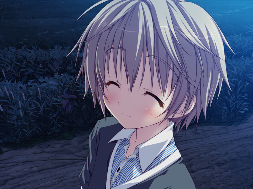 1boy blue_eyes blush closed_eyes game_cg hoshino_ayumu hoshizora_e_kakaru_hashi light_brown_hair male_focus night ryouka_(suzuya) smile solo