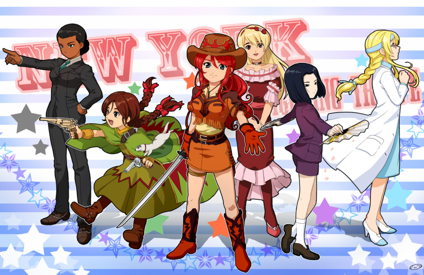 1boy 5girls :d androgynous animal belt black_hair blonde_hair blue_eyes boots bow braid brown_eyes brown_hair cape choker commentary_request cowboy_boots cowboy_hat crossdressing dark_skin denim denim_skirt diana_caprice dress dual_wielding english_text ferret folding_fan formal freckles frilled_dress frills fringe_trim full_body gemini_sunrise glasses gloves grey_eyes gun hairband hairbow hand_fan hand_on_own_hip handgun hat headband high_heels holding katana kujou_subaru lab_coat lipstick long_hair makeup miniskirt mizuhara_aki multiple_girls necktie noko_(sakura_taisen) open_mouth otoko_no_ko outstretched_hand own_hands_clasped own_hands_together pantyhose petit_mint pointing ponytail red_hair remington_arms remington_new_model revolver rikaritta_aries sagitta_weinberg sakura_taisen sakura_taisen_v shoes short_hair shorts single_braid skirt smile star_(symbol) suit sweatdrop sword taiga_shinjirou thigh_strap twin_braids vest weapon