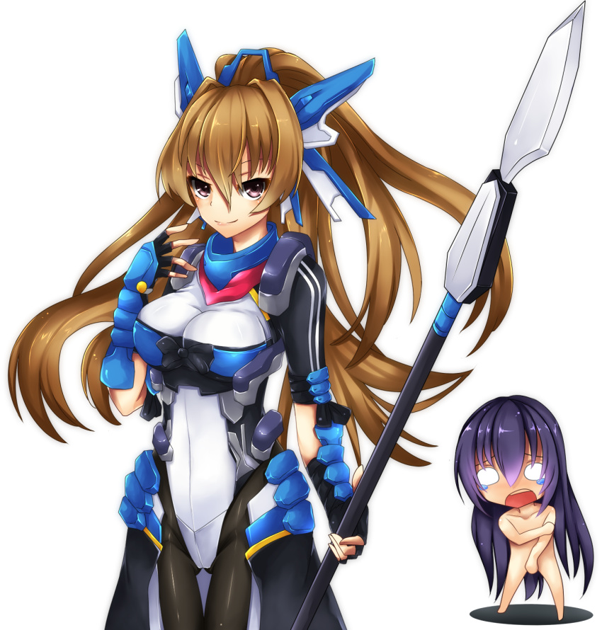 2girls aoi_kimi armor black_legwear bodysuit brown_hair chibi cosplay d: fi-san fingerless_gloves gloves highres honda_futayo kyoukai_senjou_no_horizon kyoukaisenjou_no_horizon multiple_girls open_mouth polearm pony_tale ponytail purple_hair smile spear weapon